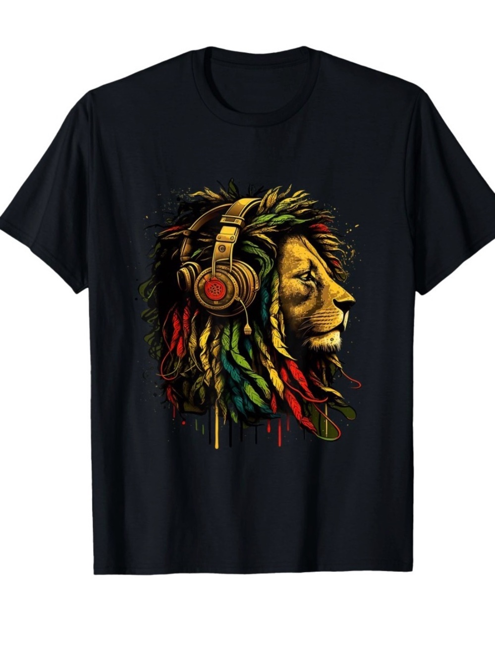 Rasta Reggae Music Headphones Jamaican Pride Lion Of Judah T-Shirt Large